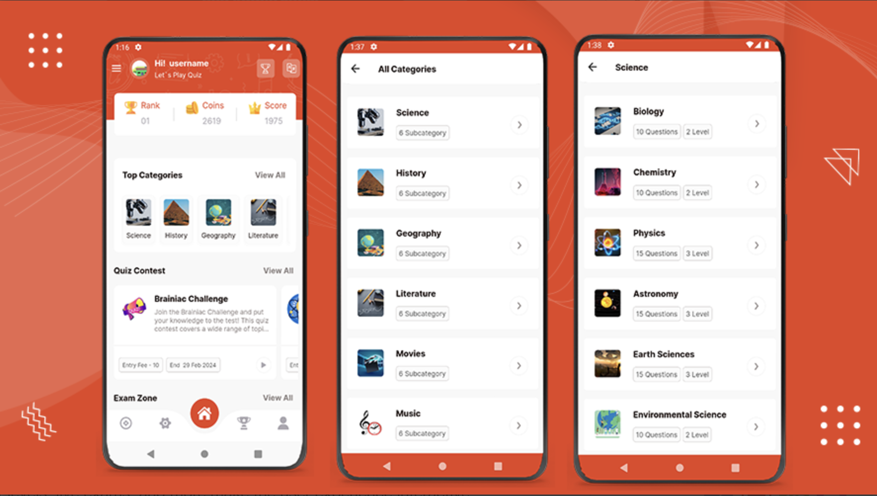 QuizLab screenshot 2 - contest, exam list, and match setup screens
